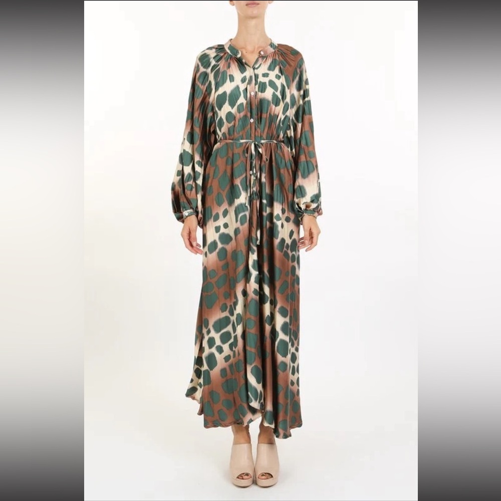 Green Modest Leopard Cheetah Print Pleated Long-Sleeve Maxi Relaxed Fit Dres M-L - Picture 9 of 16